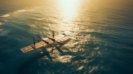  Solar-powered AI drones conducting environmental monitoring over a coastal ecosystem. Showcasing sustainable technology in action. Banner. Generative Ai content.