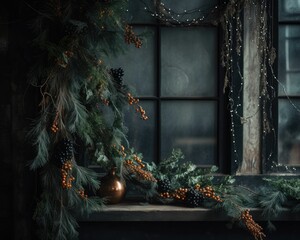 Fototapeta na wymiar Empty Minimalist Black Marble Table Blurred Christmas