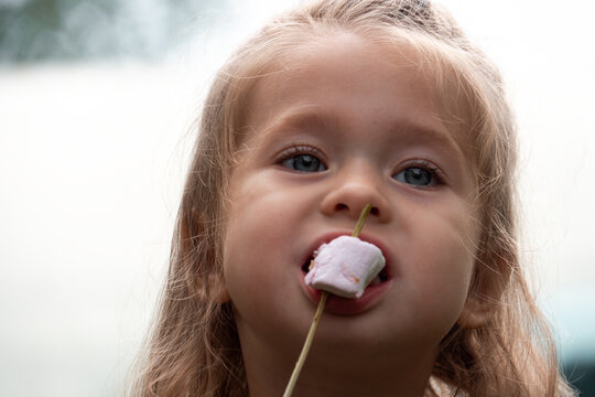 Closeup portrait of cute little girl biting off fried marshmallow on stick.