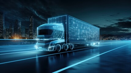 Truck Driving on the Road with Sensors Scanning, Futuristic Autonomous Truck, Self Driving Truck. Generative Ai