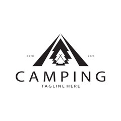 vintage and retro tent logo, camping. With tent, tree and bonfire sign. adventurers, scouts, climbers, camping equipment center