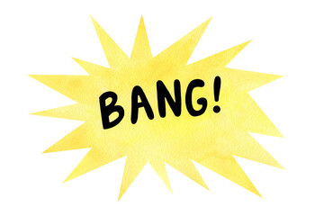 Lettering bang boom star watercolor illustration. Comics book balloon. Bubble icon speech phrase. Cartoon exclusive font label tag expression. Comic text sound effects. © Lena