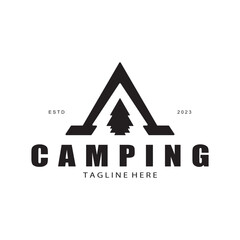 vintage and retro tent logo, camping. With tent, tree and bonfire sign. adventurers, scouts, climbers, camping equipment center