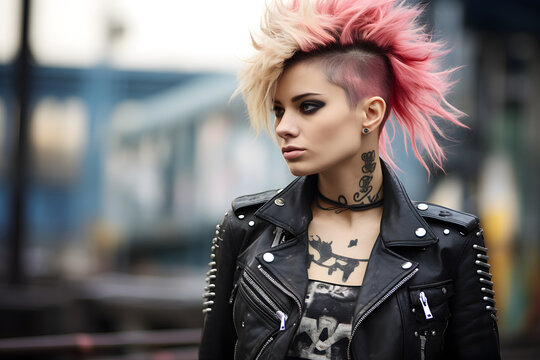 Punk girl rock style, happy punk girl, surprised face, musician, black leather jacket, smile punk