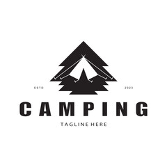 vintage and retro tent logo, camping. With tent, tree and bonfire sign. adventurers, scouts, climbers, camping equipment center