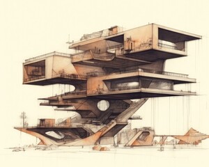 A stunning architectural pencil sketch of a house or office building. (Generative AI)