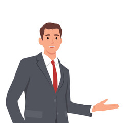 Businessman presenting something with suit and tie. Flat vector illustration isolated on white background