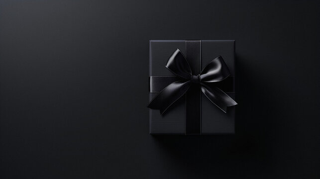 Blank closed black present box or top view of black gift box with black ribbons and bow isolated on dark background with shadow minimal black friday conceptual 3D rendering