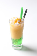 chilled mango and watermelon fruit ice blended drink with green pandan jelly in glass sweet beverage drink halal vegan food menu for Hong Kong cafe