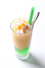 chilled mango and watermelon fruit ice blended drink with green pandan jelly in glass sweet beverage drink halal vegan food menu for Hong Kong cafe