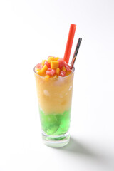 chilled mango and watermelon fruit ice blended drink with green pandan jelly in glass sweet beverage drink halal vegan food menu for Hong Kong cafe