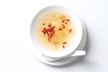 chilled double boiled fresh bird nest with hashima and wolf berries asian sweet soya milk soup in...