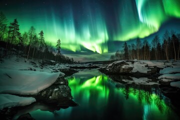 Perfect borealis aurora reflected on a river. IA generative