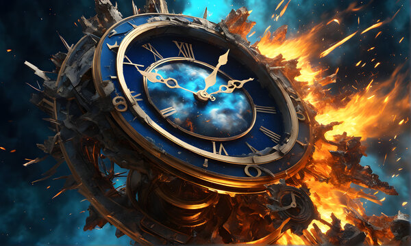 Exploding Clock, Blue Clock Face, Clock on Fire, Time Concept, Generative AI