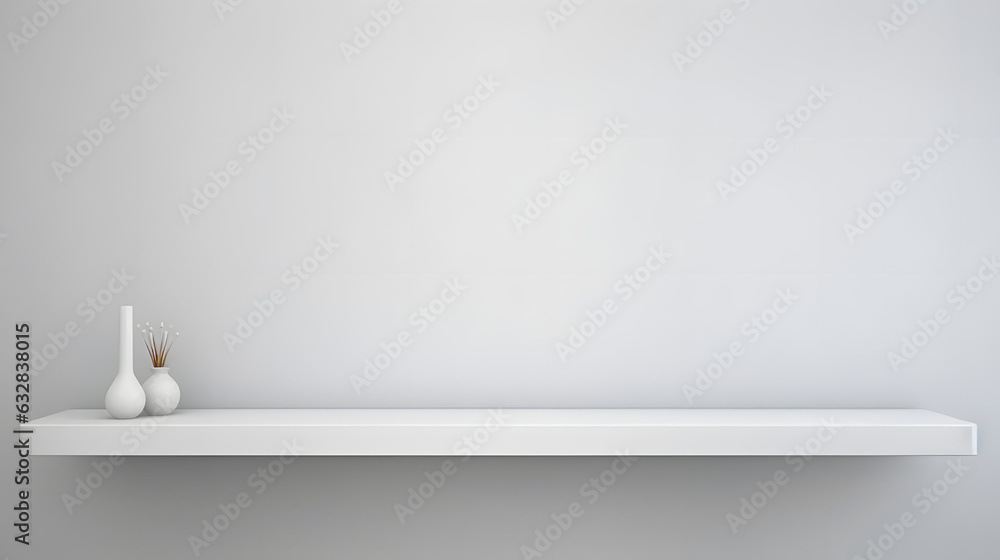 Poster universal minimalistic background for product presentation. white empty shelf on a light gray wall.