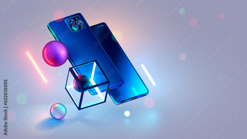 Leinwandbilder Phone hovered at an angle above surface among geometric 3d shapes in neon glow. Mobile smartphone rotated camera up on futuristic background. Smart Cell phone in 3d space in air. Tech banner mock up.