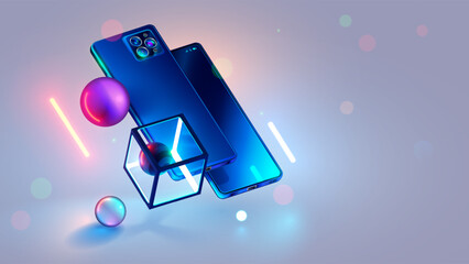Phone hovered at an angle above surface among geometric 3d shapes in neon glow. Mobile smartphone rotated camera up on futuristic background. Smart Cell phone in 3d space in air. Tech banner mock up.