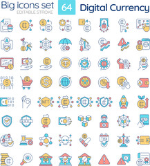 2D editable big line icons set representing digital currency, isolated vector, multicolor linear illustration.