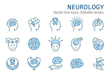 Neurology flat icons, such as stress, dementia, multiple sclerosis, epilepsy and more. Editable stroke.