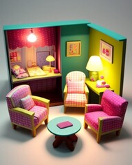 Colorful open doll house with bed lamp chairs realistic