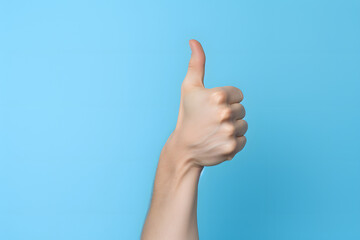 thumb up, hand, finger, like, realistic thumb up, hand language, good job, real hand, thumb up in blue background