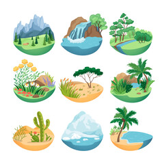 Landscapes with different climate vector illustrations set. Collection of icons or drawings of mountains, island, waterfall, desert, iceberg, different climatic conditions. Nature, climate concept