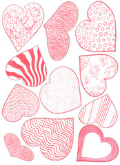 Set of Red Heart Stickers Drawn by Colored Pencil. The Sign of World Heart Day. Symbol of Valentines Day. Heart Shape Sticker Collection Isolated on White Background.