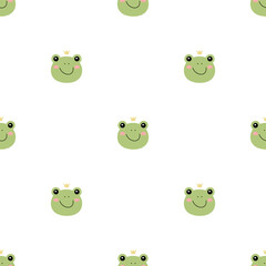 Frog princess doodle style. Hand drawn seamless pattern with cute cartoon frog with crown. Kids background. Kids design texture for fabric, wrapping, textile, decor. Vector illustration