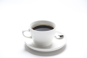 Obraz na płótnie Canvas hot drink dark black coffee americano kopi o beverage menu in white cup and plate in white background halal drink food vegan menu for cafe