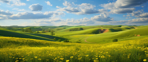 Nature's Golden Tapestry: Rolling Hills and Blossoms