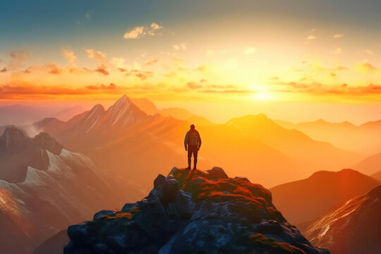 Adventurous Hiker Conquering Sunset Peaks