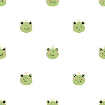 Frog princess doodle style. Hand drawn seamless pattern with cute cartoon frog with crown. Kids background. Kids design texture for fabric, wrapping, textile, decor. Vector illustration