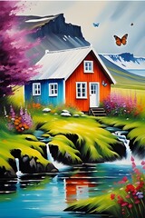 Iceland beautiful fantasy bright colors wood cottage in background beautiful butterfly oil painting watercolors