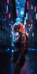 Naklejka na ściany i meble Neon Radiance: Futuristic Femme in the Urban Cyberscape