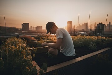 Man working on a urban garden on the roof. IA generative - obrazy, fototapety, plakaty