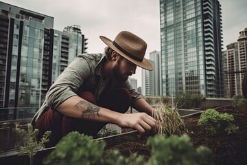 Man working on a urban garden on the roof. IA generative - 632840486