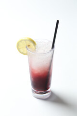 ice cold chilled fresh ribena grape lemon fruit soda soft drink honey layer drink in glass and black straw beverage halal food vegan menu in white background for cafe