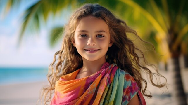 Photography of a pleased, child girl that is wearing a colorful sarong against a tropical island resort background. Generative AI