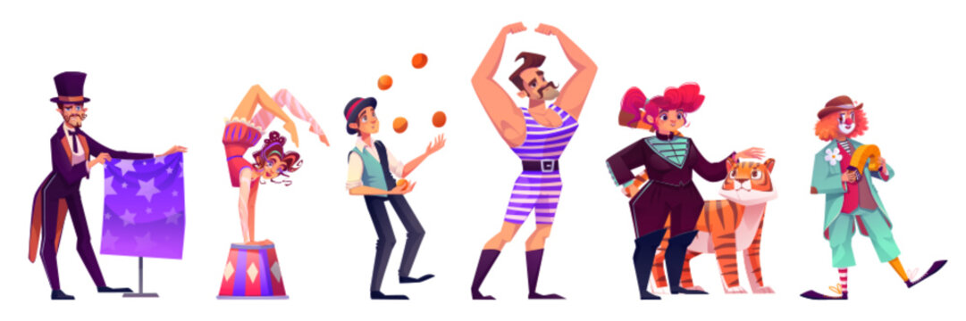 Circus character with clown, acrobat and juggler carnival cartoon isolated vector. magician and comedian illustration of costume. Festival performance with strongman and woman near tiger collection