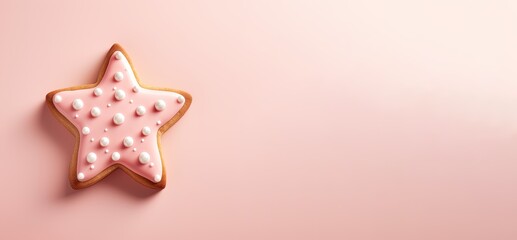 Christmas cookie decorated pink iced sugar, xmas home-baked cookie isolated on a pastel pink background. Card, banner.