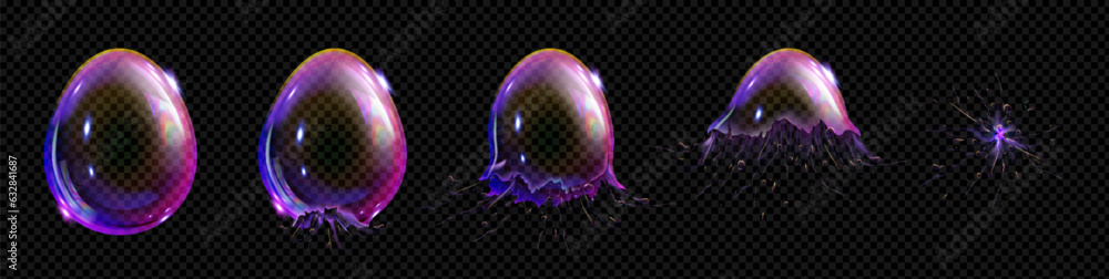 Poster soap bubble or balloon explode burst animation sequence. 3d magic foam water with reflection sprite 