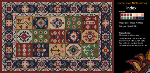 ¬¬Colorful carpet pattern for knitting cross stitch, carpet, rug, fabric, knitting, etc., with mosaic squares and grid guidelines. 1050 stitches. Read the index to learn the details.