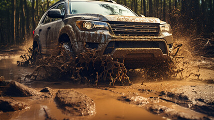 Off-road travel. The car drives through mud