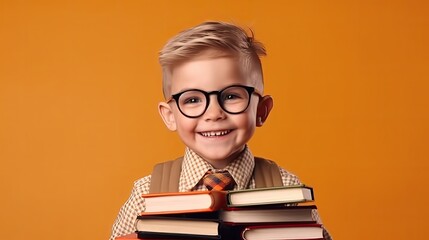 Funny smiling child school boy with glasses hold books on yellow background. Back to scool concept. Ai generative