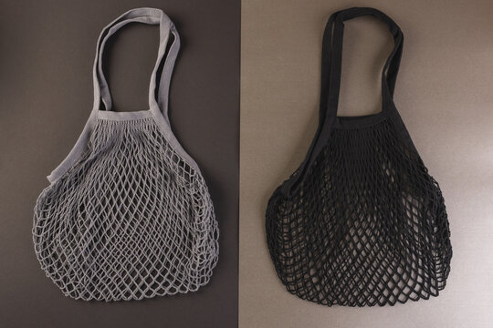 Black and grey mesh net bags with copy space on light and dark