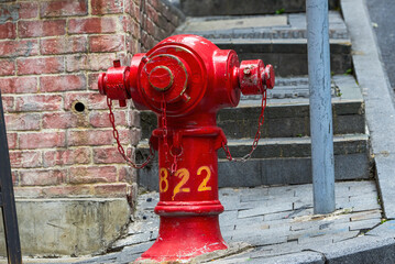 Fototapeta na wymiar Close up of red fire hydrants on the streets of Central, Hong Kong