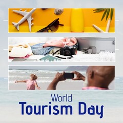 Naklejka premium World tourism day text with travel items and senior biracial couple taking pictures on beach