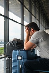 Man crying at Narita airport, frustrated because his flight was canceled.