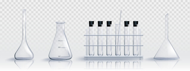 Realistic set of laboratory glassware isolated on transparent background. Vector illustration of lab beaker, flask, tube, graduated container with pipette for scientific experiment, chemical substance