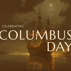 Composition of celebrating columbus day text over wooden ship